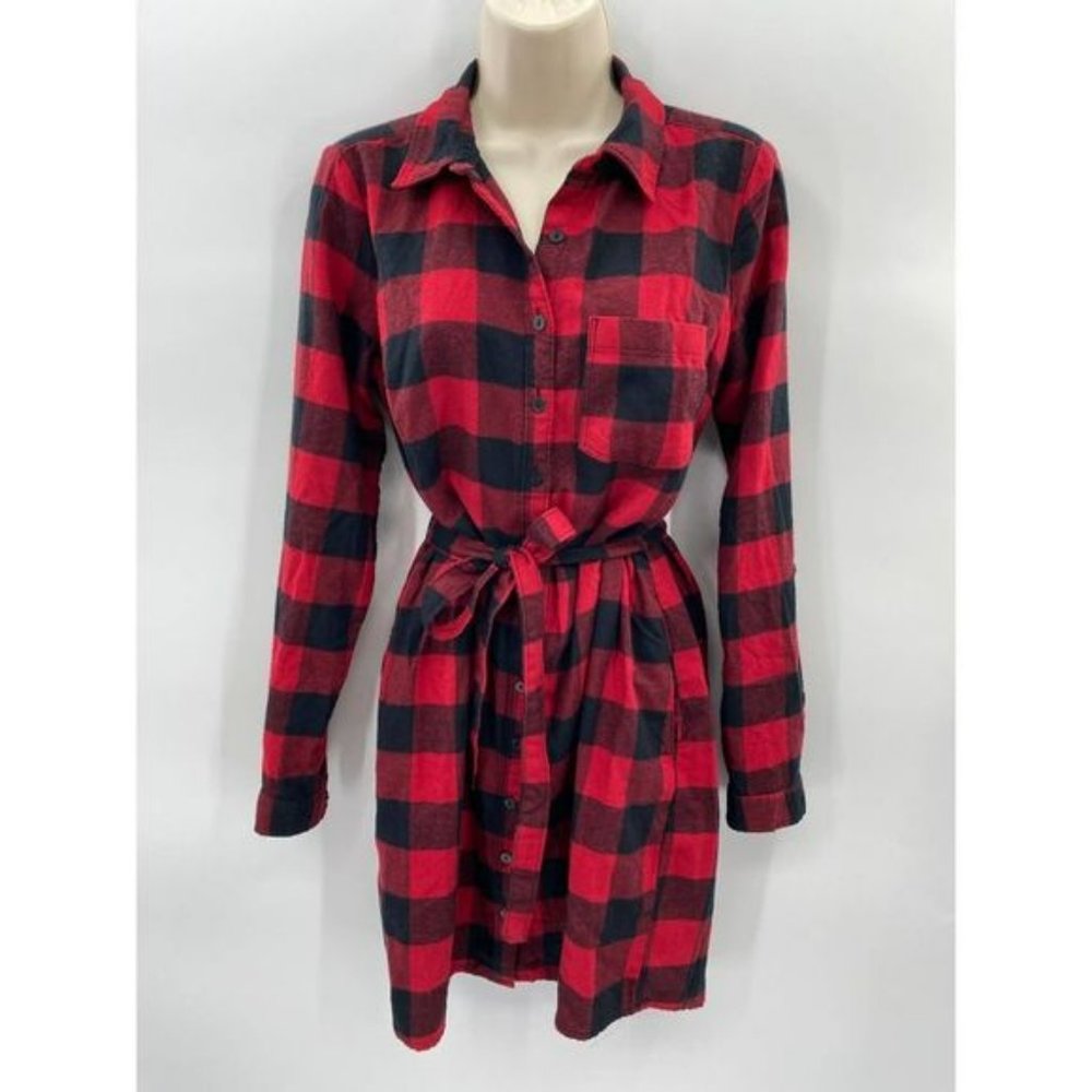 Abercrombie & Fitch Button Front Shirt Dress Women Small Red Black Buffalo Plaid
